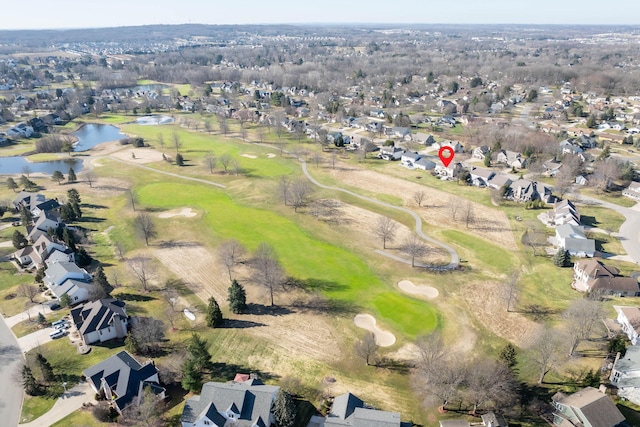 bird's eye view featuring a residential view, a water view, and view of golf course