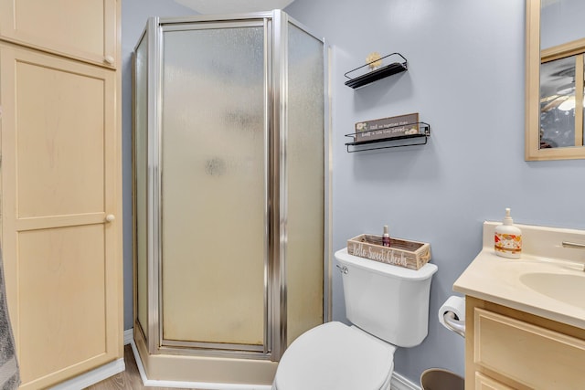 full bath featuring vanity, toilet, and a stall shower