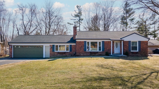 ranch-style house featuring aphalt driveway, brick siding, and a chimney