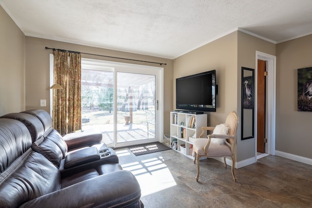 living area featuring baseboards, a textured ceiling, and ornamental molding