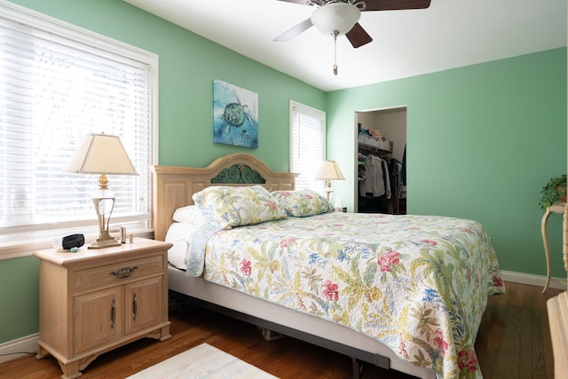 bedroom with a closet, baseboards, wood finished floors, and a spacious closet