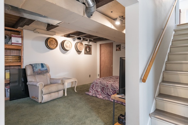 interior space with stairway and carpet floors