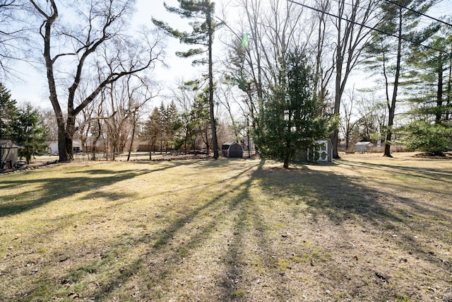 view of yard with an outbuilding, a storage shed, and fence