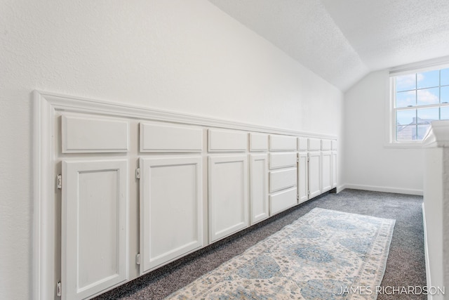 additional living space with vaulted ceiling, baseboards, dark carpet, and a textured ceiling