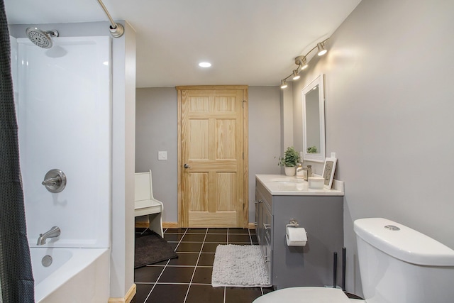 full bathroom with vanity, shower / tub combo with curtain, toilet, and tile patterned flooring