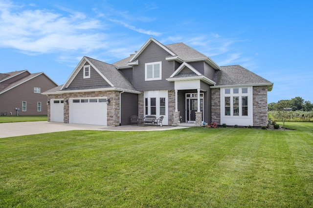 craftsman-style house with an attached garage, driveway, a shingled roof, and a front yard