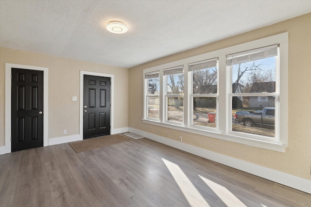 entryway with wood finished floors, baseboards, a wealth of natural light, and a textured ceiling