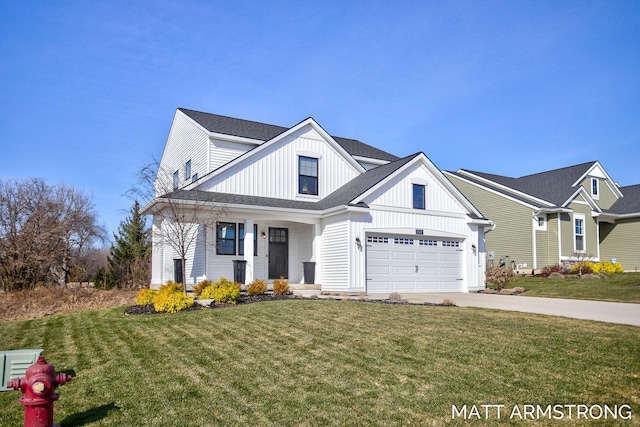 view of front of property featuring a front yard, driveway, roof with shingles, a garage, and board and batten siding