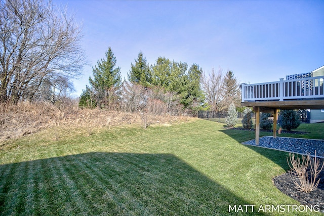 view of yard featuring a wooden deck and fence