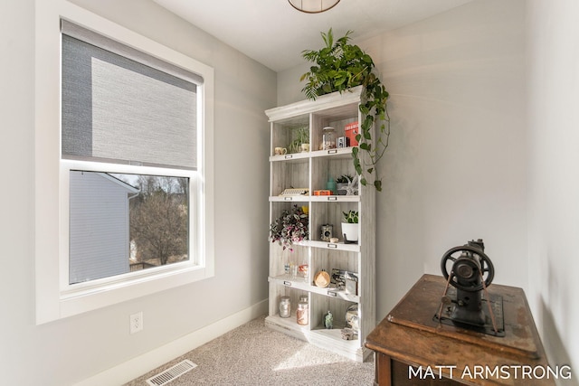 interior space with visible vents, baseboards, and carpet flooring