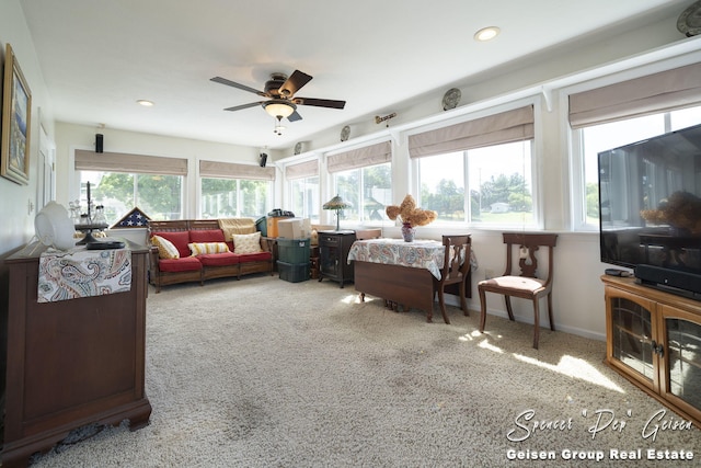 living room with carpet, recessed lighting, baseboards, and ceiling fan