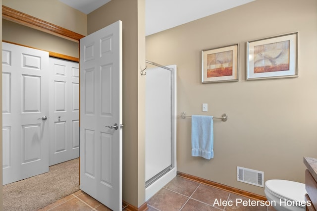 full bath featuring vanity, visible vents, a stall shower, tile patterned flooring, and toilet