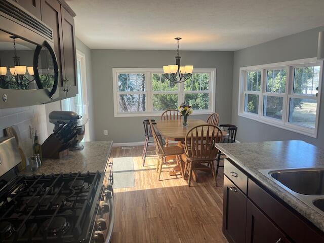 kitchen with a notable chandelier, pendant lighting, stainless steel appliances, and wood finished floors