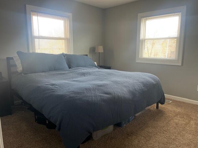 carpeted bedroom featuring multiple windows and baseboards