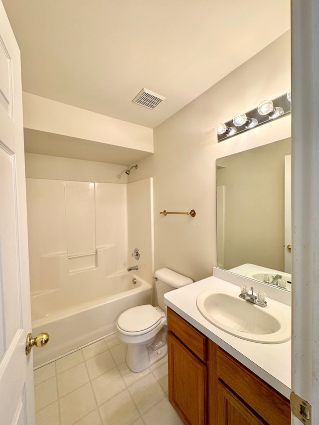 full bathroom featuring visible vents, toilet, bathing tub / shower combination, tile patterned floors, and vanity