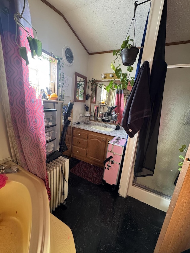 full bathroom featuring radiator heating unit, ornamental molding, vaulted ceiling, a textured ceiling, and vanity