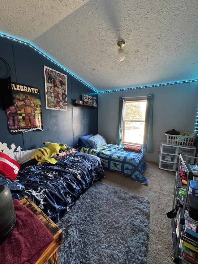 bedroom with carpet flooring, a textured ceiling, and vaulted ceiling