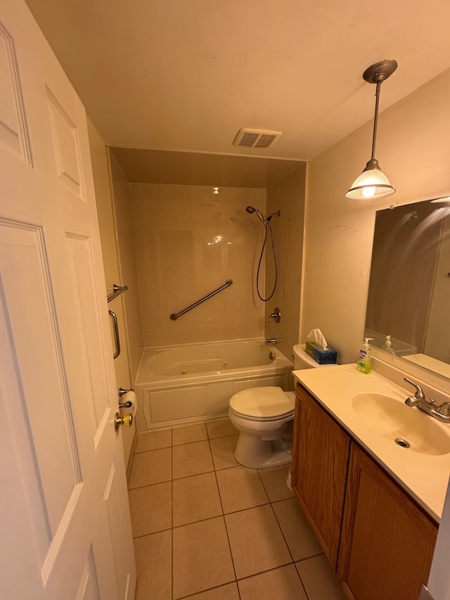 full bathroom featuring tile patterned floors, visible vents, toilet, washtub / shower combination, and vanity