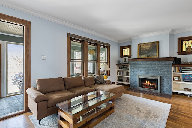 living area featuring a fireplace, crown molding, and wood-type flooring