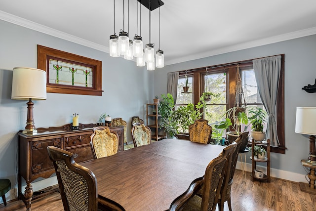 dining room featuring crown molding, wood finished floors, and baseboards