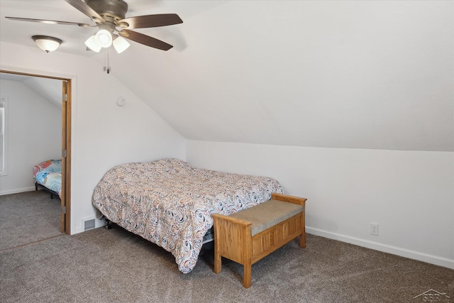 carpeted bedroom with baseboards, a ceiling fan, and lofted ceiling