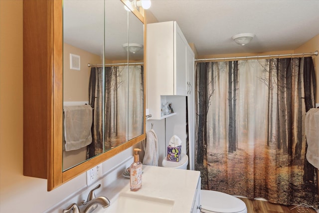 bathroom featuring a shower with shower curtain, toilet, and vanity