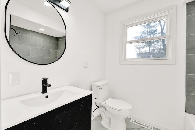 bathroom with vanity, visible vents, a shower, toilet, and marble finish floor