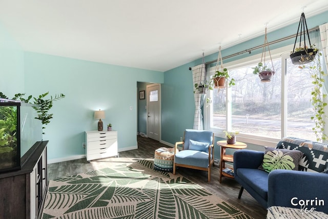 sitting room with a healthy amount of sunlight, baseboards, and wood finished floors