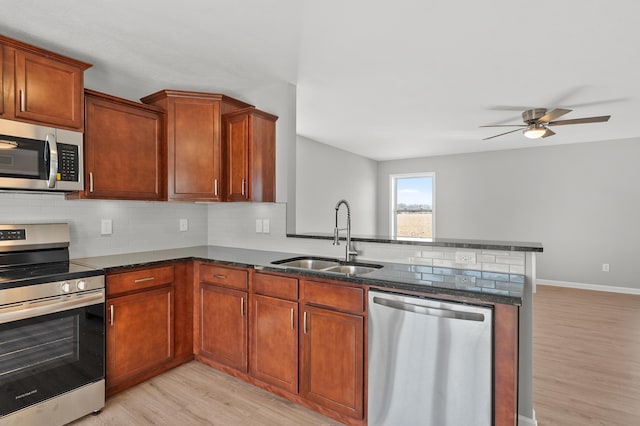 kitchen with a sink, backsplash, appliances with stainless steel finishes, and a peninsula