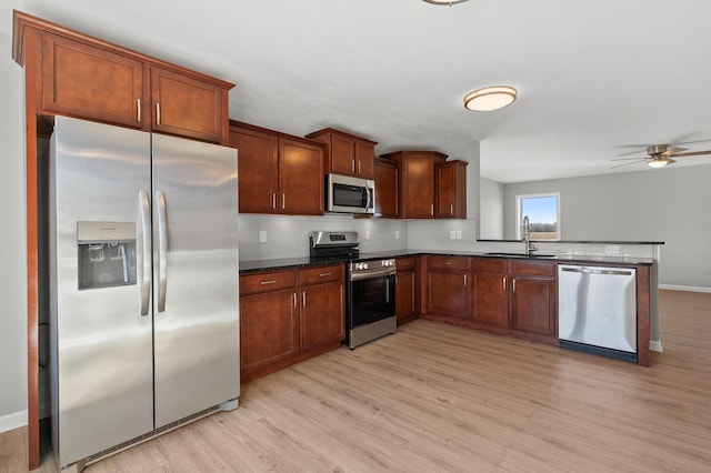 kitchen featuring light wood-type flooring, a peninsula, a sink, stainless steel appliances, and tasteful backsplash