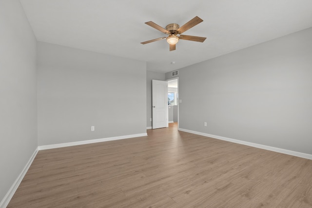 unfurnished room with visible vents, baseboards, a ceiling fan, and light wood finished floors