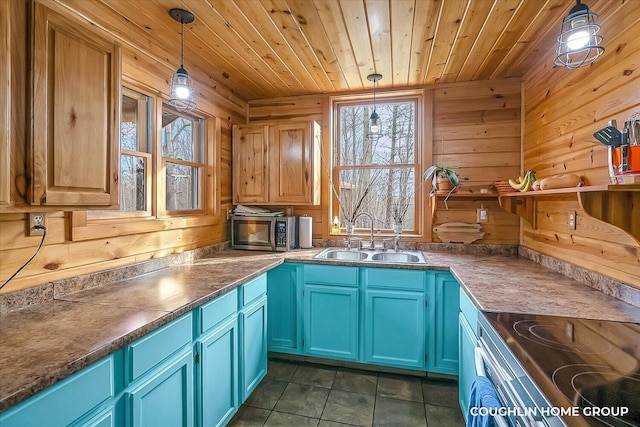 kitchen featuring wooden ceiling, blue cabinets, appliances with stainless steel finishes, and a sink