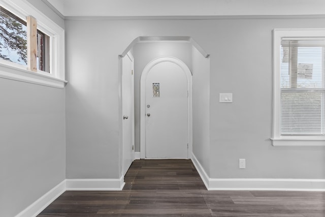 entrance foyer featuring dark wood-type flooring, baseboards, and arched walkways