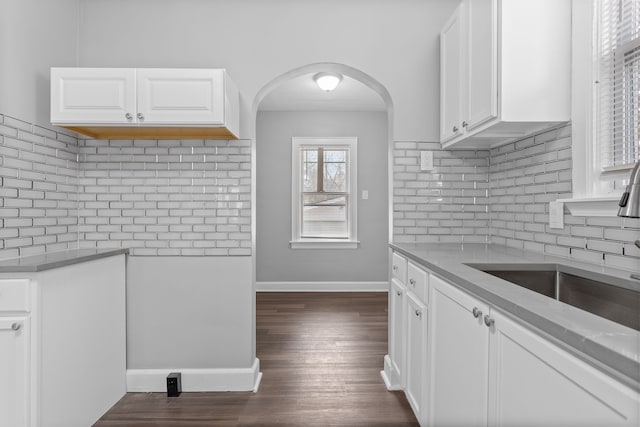 kitchen with white cabinets, dark wood-style floors, tasteful backsplash, and a sink