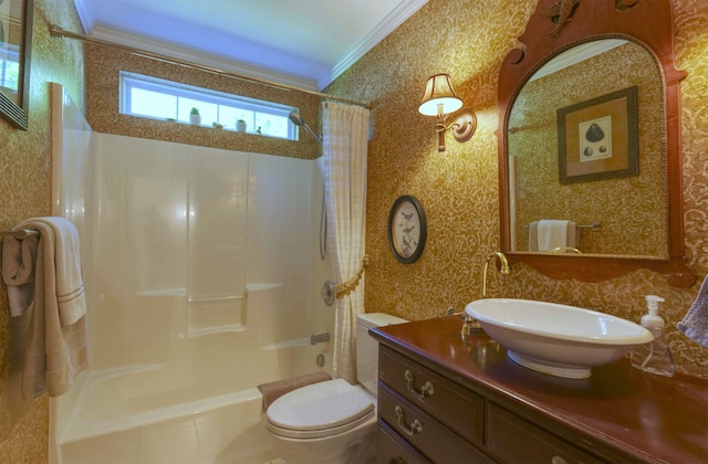 full bathroom featuring vanity, wallpapered walls, ornamental molding, shower / bath combination with curtain, and toilet