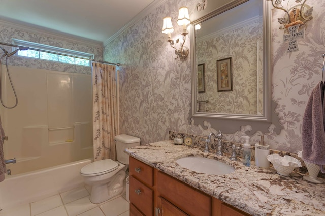 bathroom with wallpapered walls, crown molding, toilet, shower / bath combo, and vanity