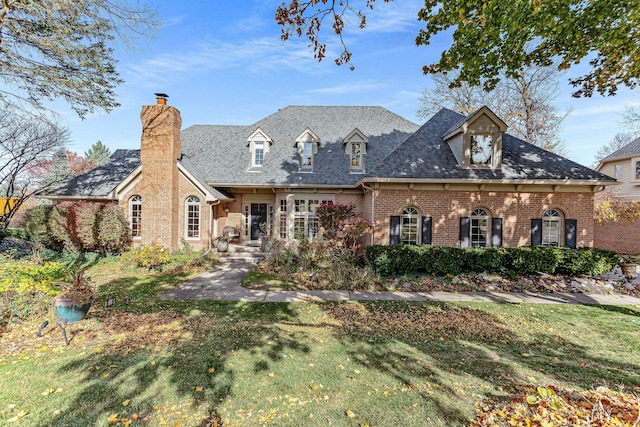 view of front of property with brick siding, a chimney, and a front lawn