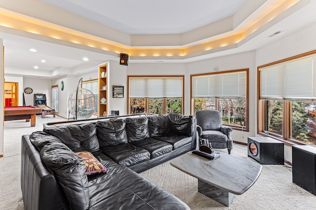 living room featuring visible vents, billiards, recessed lighting, carpet floors, and a raised ceiling