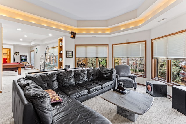 living area featuring visible vents, billiards, recessed lighting, carpet flooring, and a raised ceiling