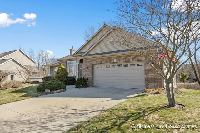 view of front of home with brick siding, an attached garage, concrete driveway, and a chimney