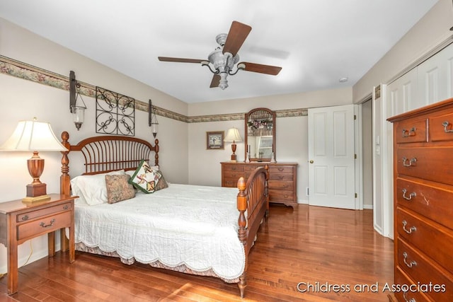 bedroom with a ceiling fan and wood finished floors