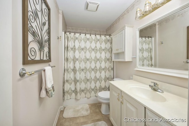 bathroom with visible vents, toilet, curtained shower, tile patterned flooring, and vanity