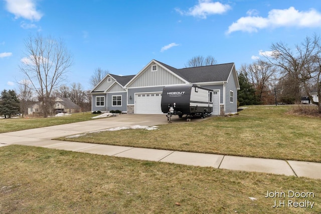 craftsman inspired home with board and batten siding, a front lawn, driveway, stone siding, and an attached garage