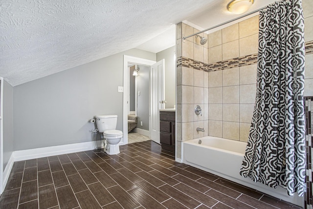 bathroom with bathing tub / shower combination, toilet, lofted ceiling, and wood tiled floor