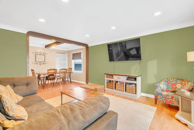 living room with recessed lighting, wood finished floors, and baseboards