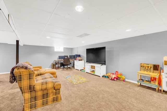 rec room with recessed lighting, baseboards, and carpet flooring