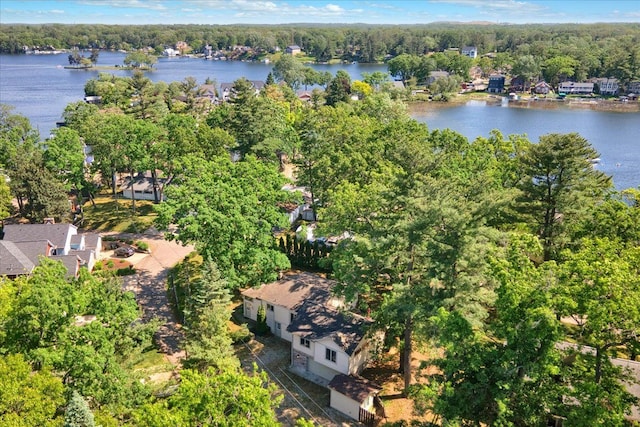 drone / aerial view featuring a wooded view and a water view