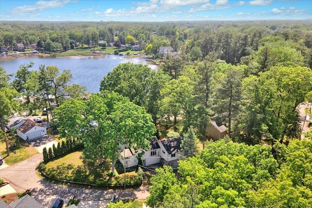 bird's eye view featuring a forest view and a water view