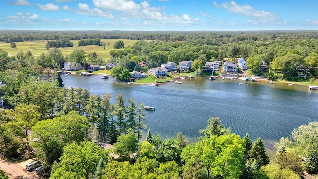 drone / aerial view with a water view and a view of trees