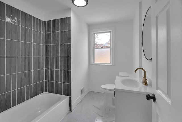 bathroom featuring vanity, baseboards, visible vents, toilet, and marble finish floor